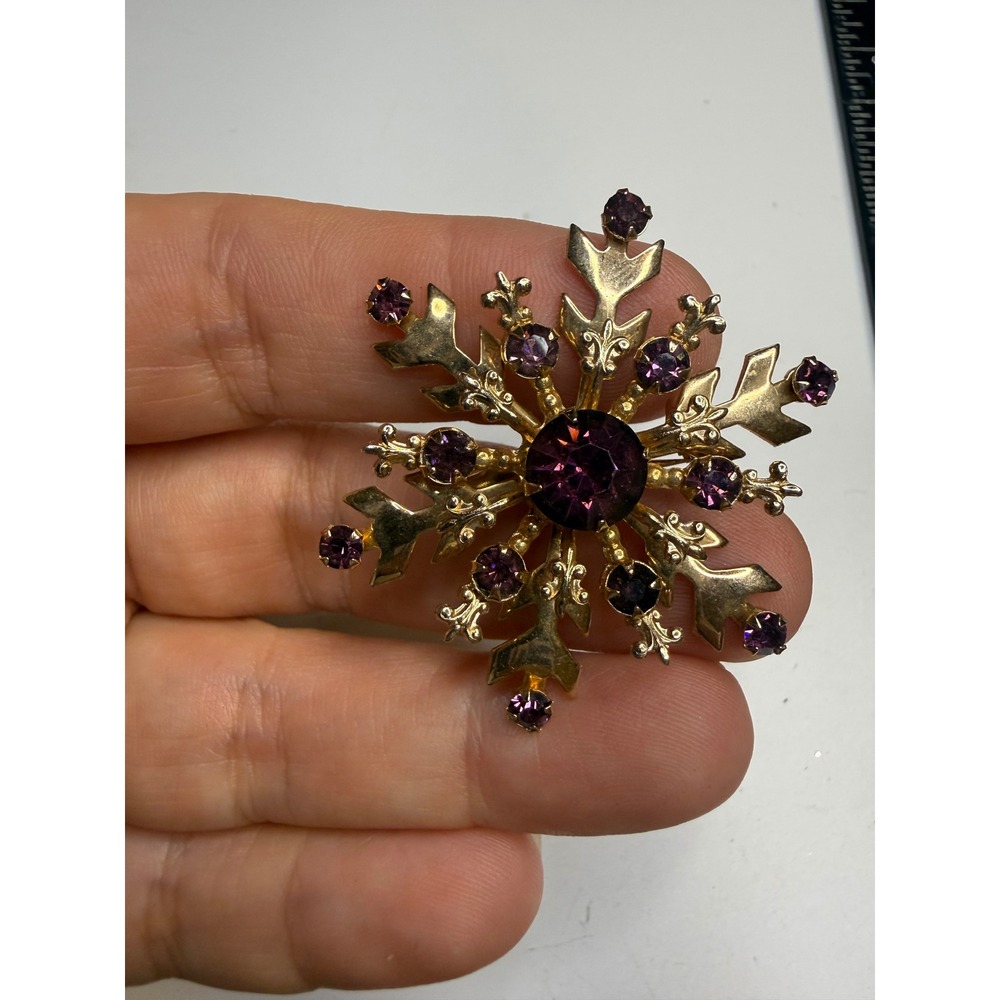 Vintage Gold Tone Purple Rhinestone Snowflake Brooch Starburst Winter Pin